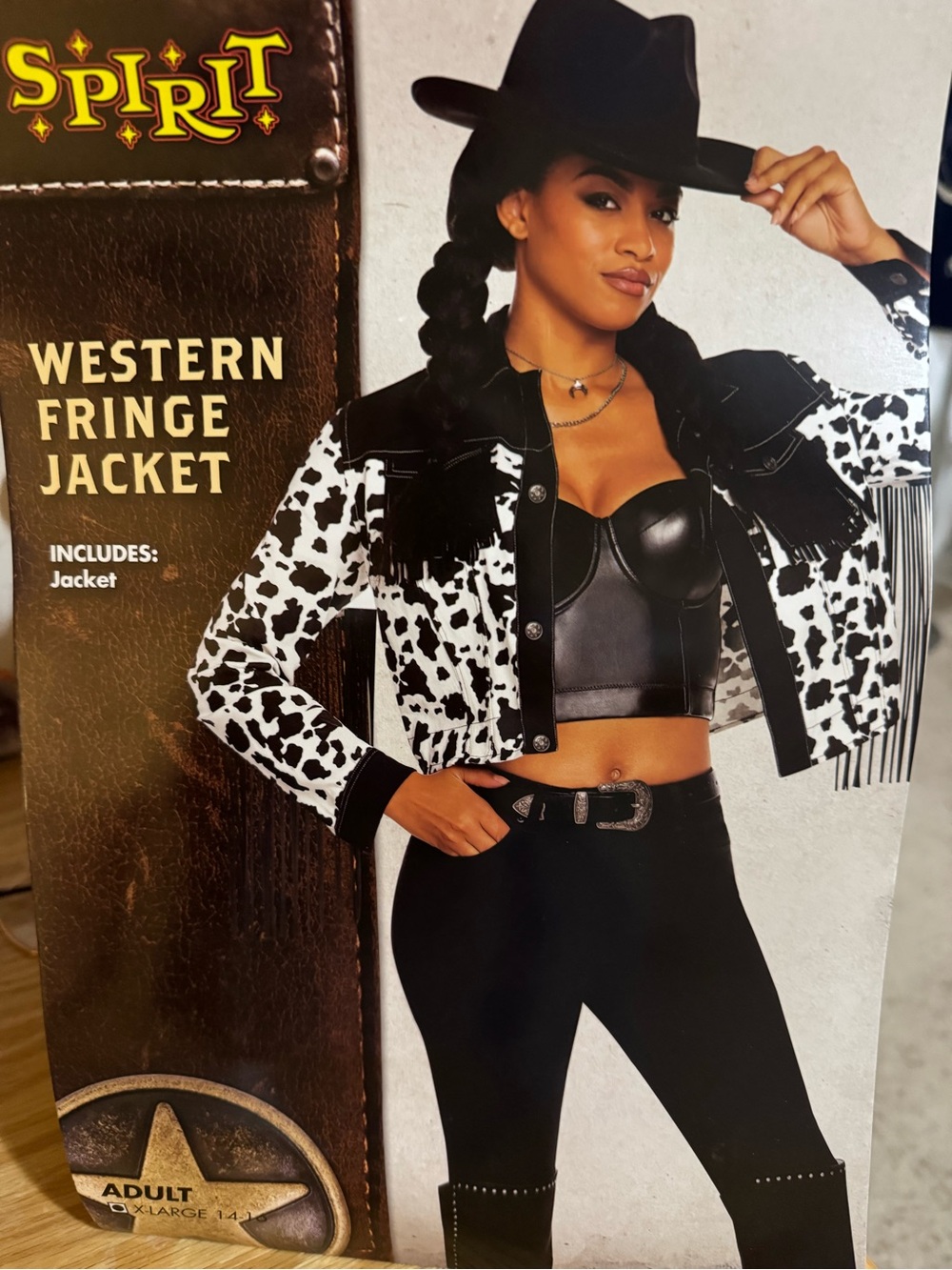 Western Fringe Jacket - Black & White Cow Print size XL